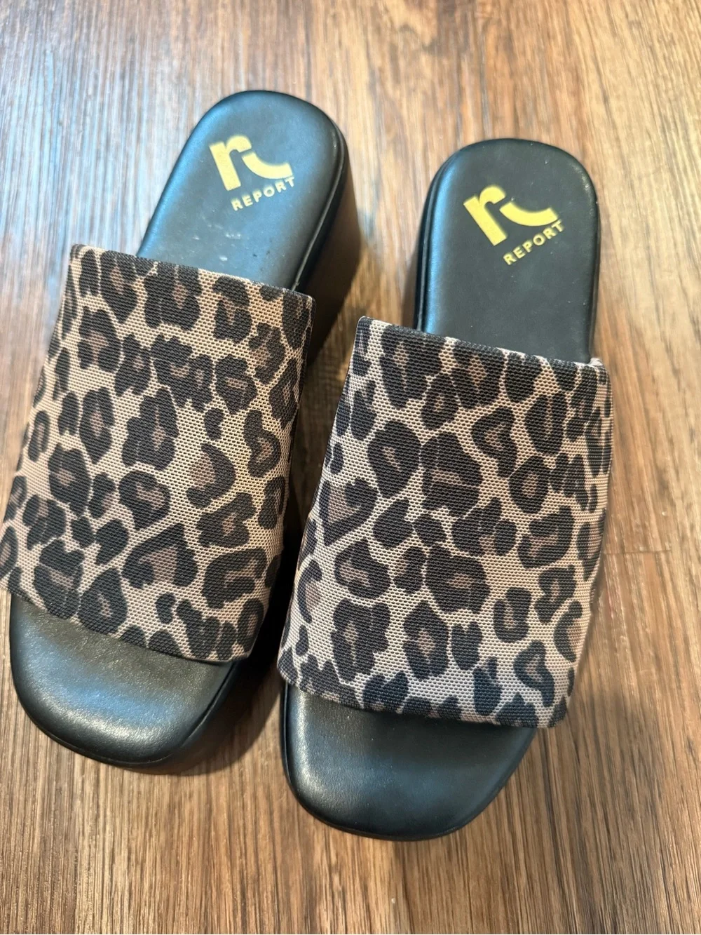 Report Leopard-Print Platform Slide Sandals — Black and Brown